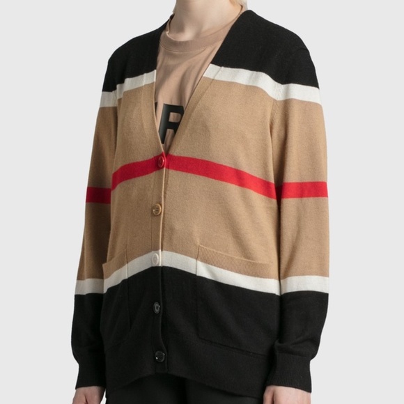 BURBERRY Tan Cashmere & Silk Striped Philippa Cardigan SzM - Picture 1 of 12
